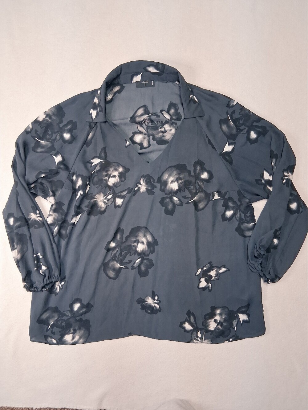 Tahari Navy and Gray Floral Blouse